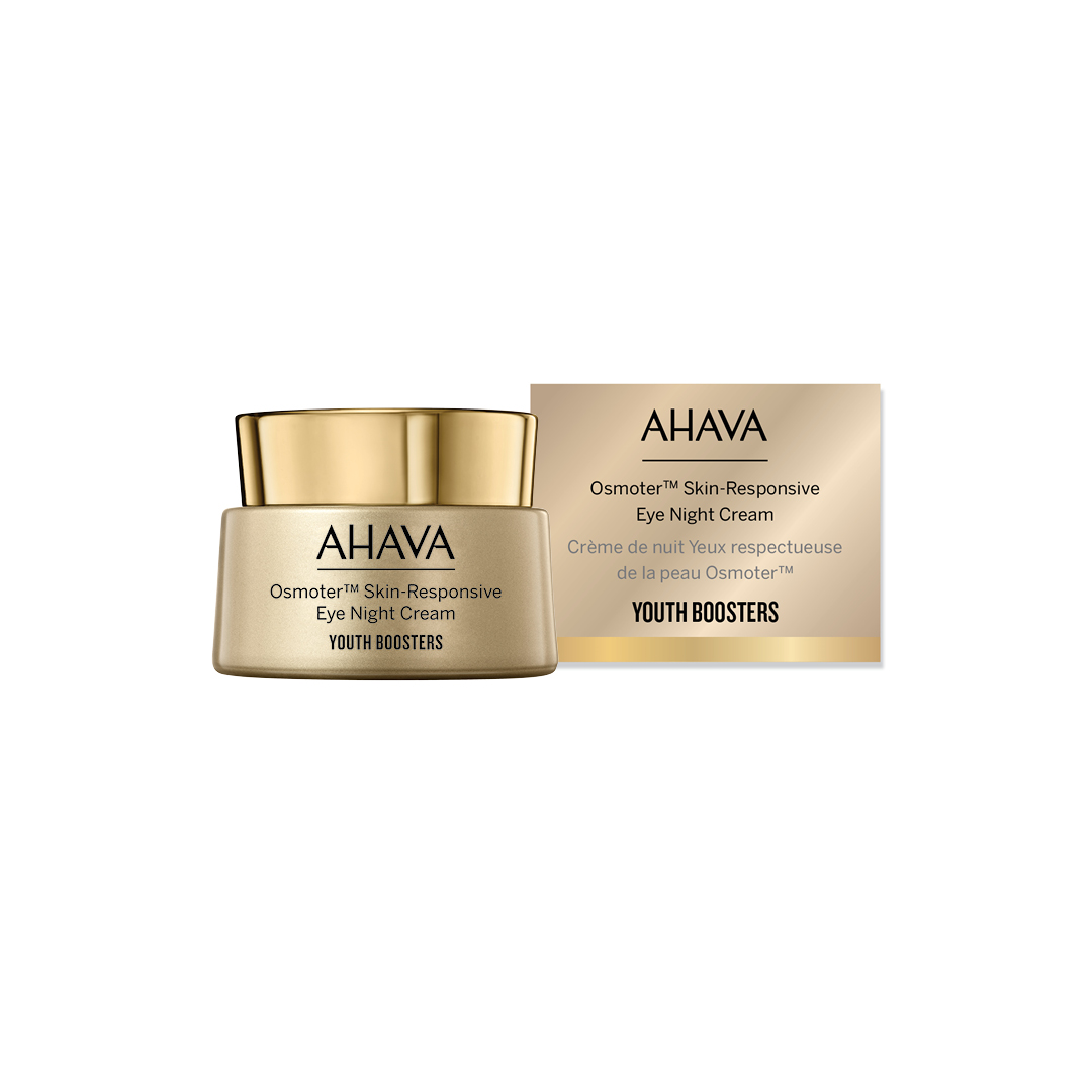 0697045163731 AHAVA Osmoter Skin-Responsive Eye Night Cream, goldene Dose und Verpackung, Produktbild.