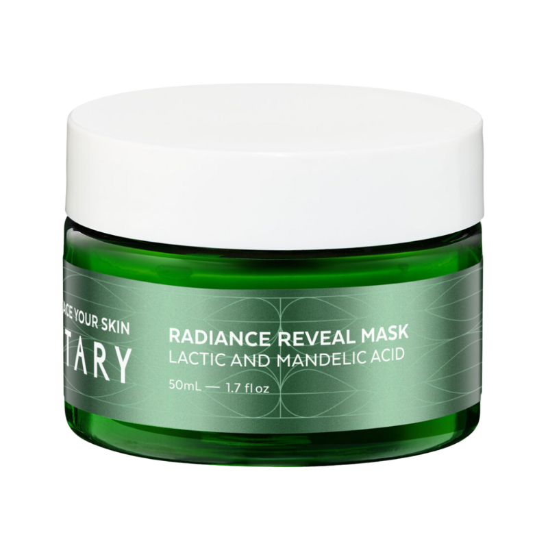 Grünes Glasgefäß mit weißem Deckel, VOTARY Radiance Reveal Mask, Lactic and Mandelic Acid, 50ml.