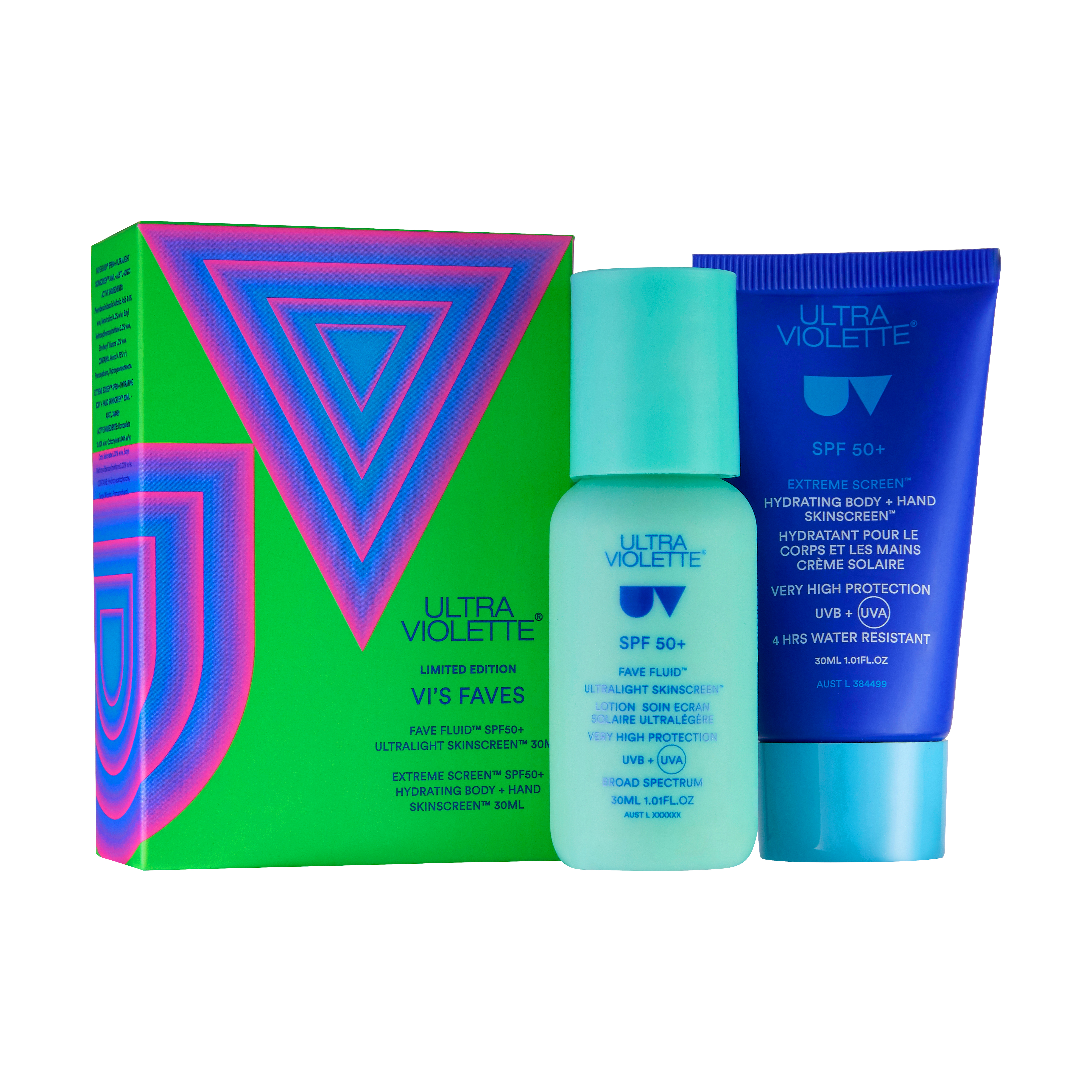 ULTRA-VIOLETTE-E-COMM-LIMITED-EDITION-VIS-FAVES-3 ULTRA VIOLETTE Limited Edition VIS FAVES: Sonnenschutz SPF 50+ für Gesicht und Hände, grüne Verpackung mit blau-pinkem Design.