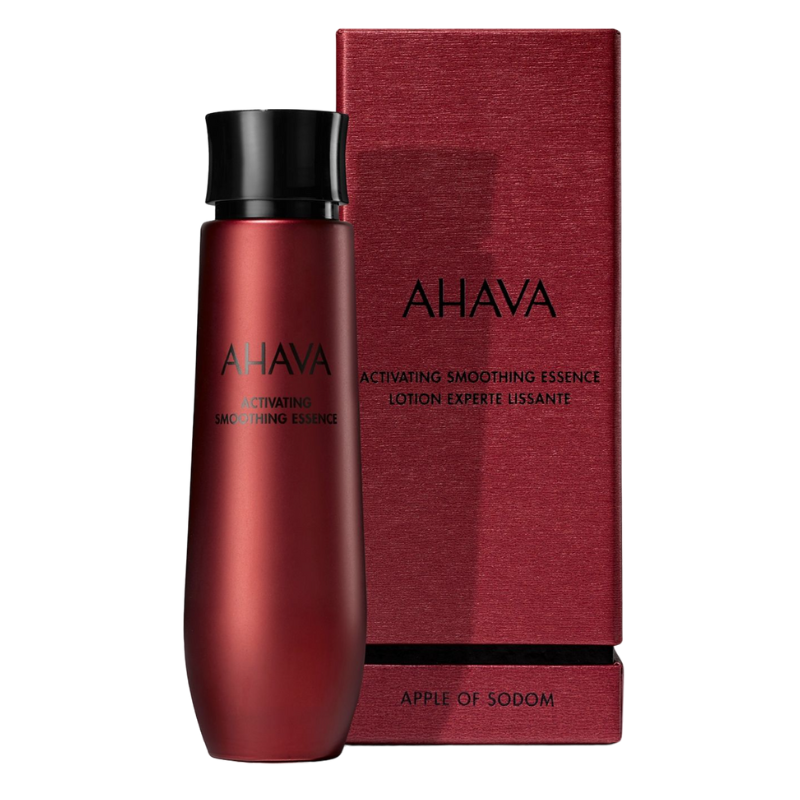 AHAVA-ACTIVATING-SMOOTHING-ESSENCE AHAVA Activating Smoothing Essence in roter Flasche vor roter Verpackung.