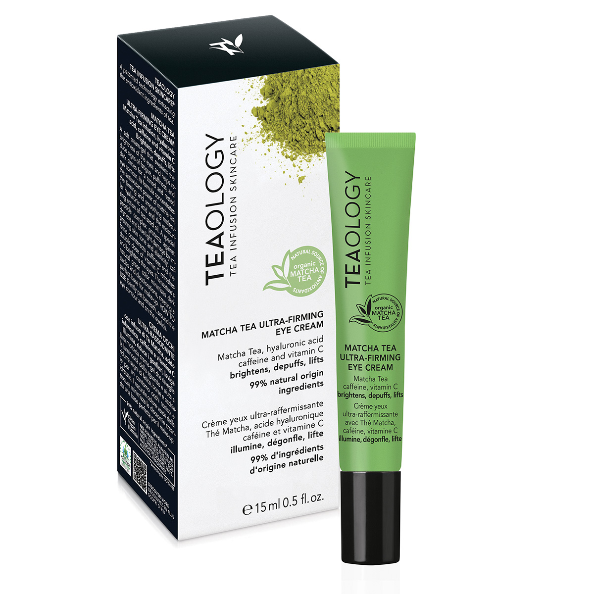 8050148505235_2-T50523-Matcha-Eye-2 Tealogy Matcha Tea Ultra-Firming Eye Cream, 15ml Tube und Verpackung, grün, mit Matcha-Tee und Hyaluronsäure.