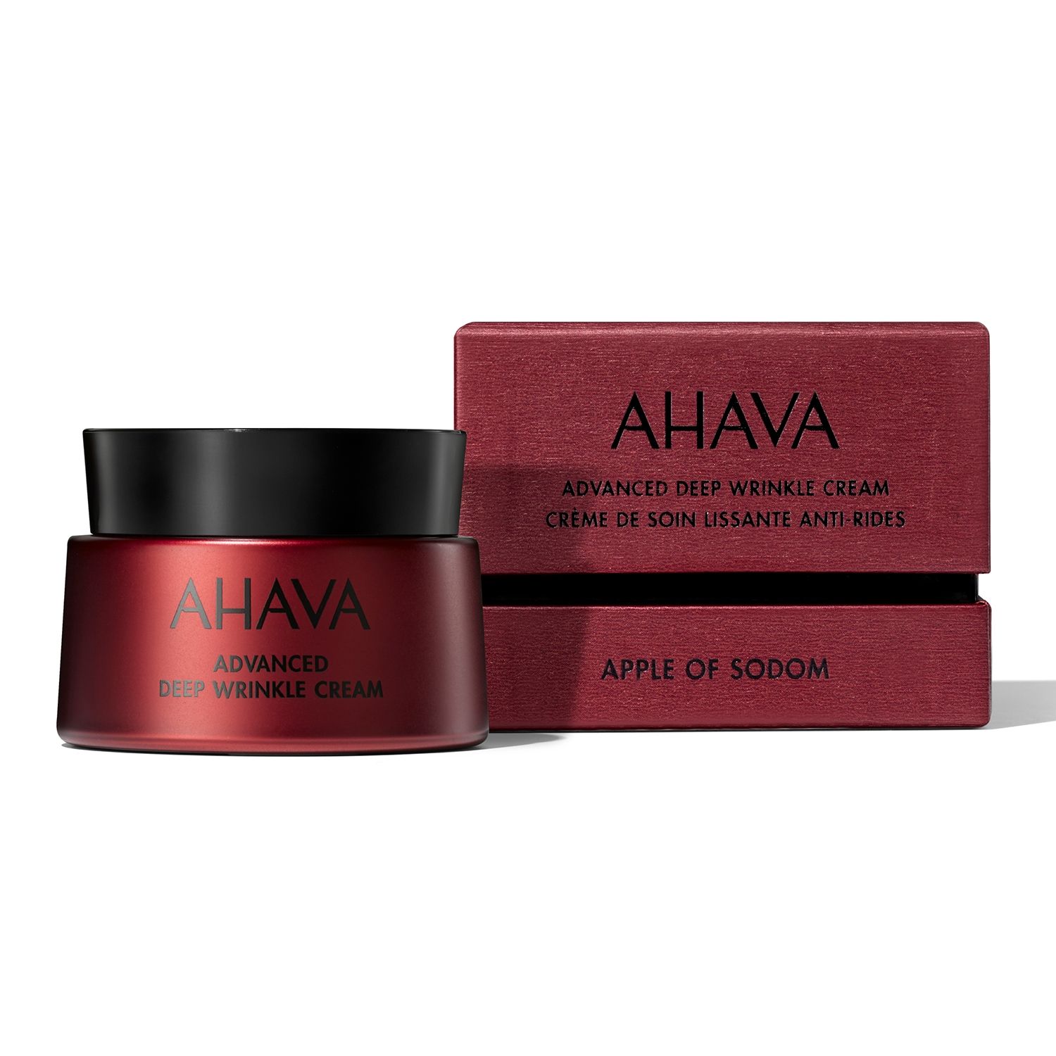 AHAVA Advanced Deep Wrinkle Cream in roter Verpackung mit schwarzem Deckel, daneben die passende Produktbox.