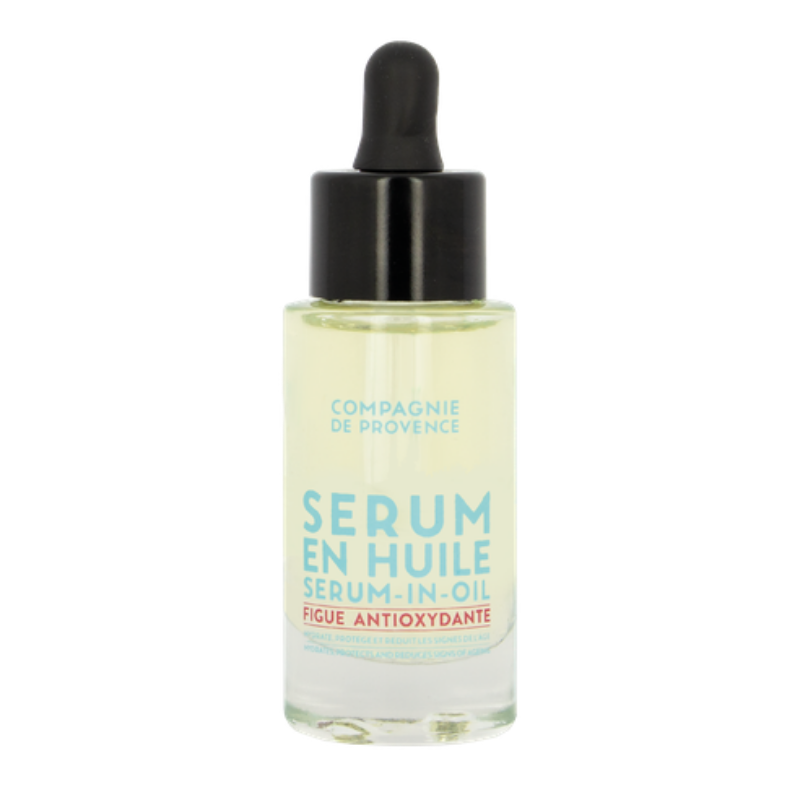 OIL-FACE-SERUM-FIG Flasche mit Serum-in-Öl von Compagnie de Provence, antioxidativ mit Feigenextrakt, Pipettenverschluss, 30 ml.