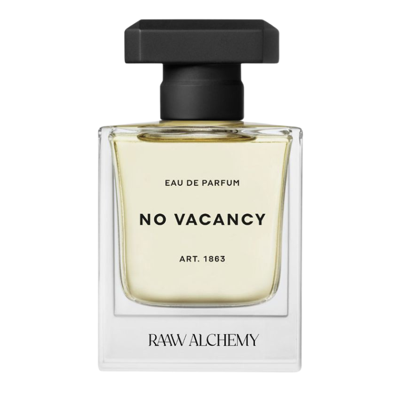Flasche des Eau de Parfum 'No Vacancy' von Raaw Alchemy mit schwarzem Deckel und klarer Flüssigkeit.