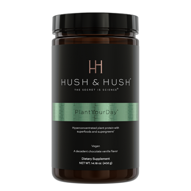Hush & Hush PlantYourDay Nahrungsergänzungsmittel, veganes Proteinpulver mit Superfoods, 402g, Schokoladen-Vanille-Geschmack.