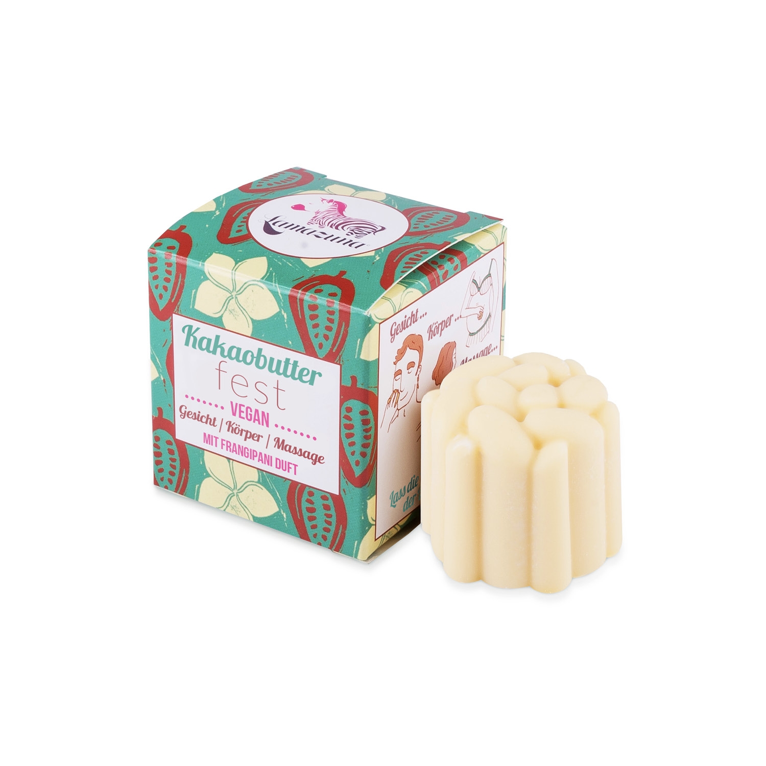 image_106213_1 Kakaobutter fest, vegan, für Gesicht, Körper und Massage, mit Frangipani-Duft, in bunter Verpackung neben der Seife.