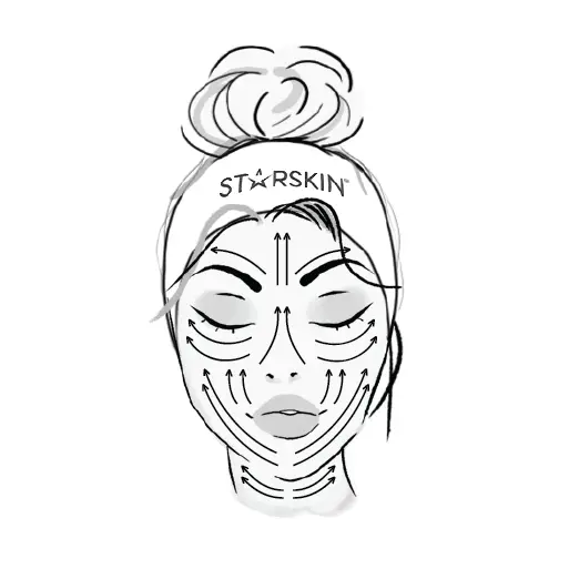 7AFE250E-93FF-4A84-B89D-888B46BE9181 Illustration einer Frau mit Stirnband, die Gesichtsmassage zeigt. Pfeile markieren die Massagerichtungen auf Stirn, Wangen und Kinn.