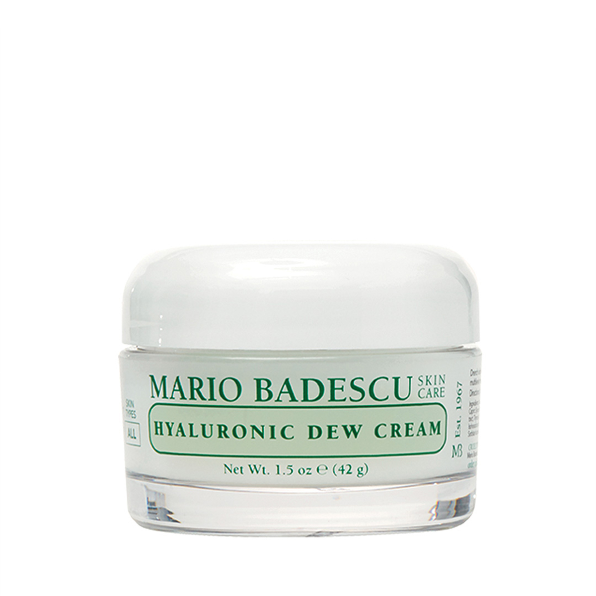 Glasbehälter mit Mario Badescu Hyaluronic Dew Cream, 42g. Weiße Verpackung mit grünem Text.