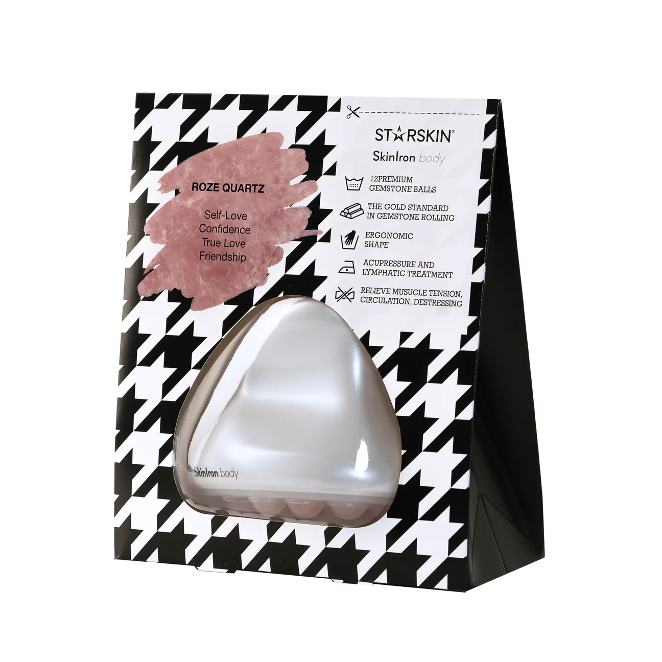 231128_SkinIron_Body_1296x Produktbild des Starskin SkinIron Body mit Verpackung, die Eigenschaften wie Selbstliebe, Vertrauen und Freundschaft hervorhebt.